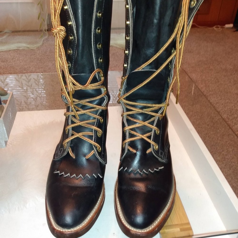 Black Leather Lace-Up Women's Boots with Gold Laces